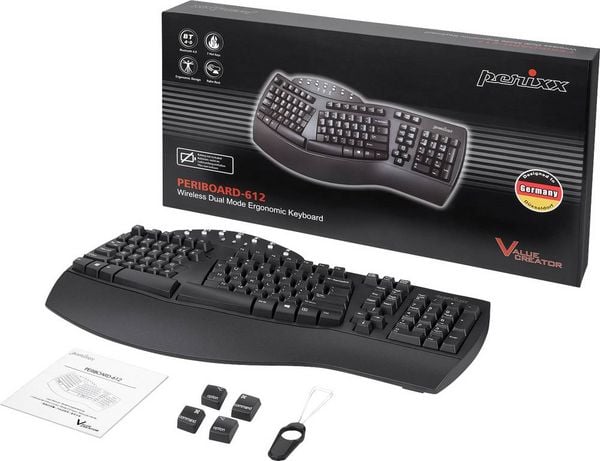 Produktbild: Perixx PERIBOARD-612BDE Bluetooth&reg; Tastatur Deutsch, QWERTZ Schwarz Ergonomisch, Handballenauflage, Multimediatasten