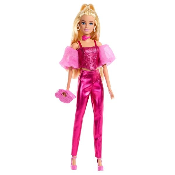 Produktbild: Barbie Deluxe Style-Modepuppe #5 in rosafarbenem Metallic-Outfit mit Korsett-Top und Accessoires, blond