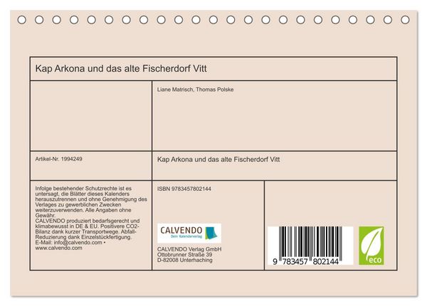 Produktbild: Kap Arkona und das alte Fischerdorf Vitt (Tischkalender 2026 DIN A5 quer), CALVENDO Monatskalender