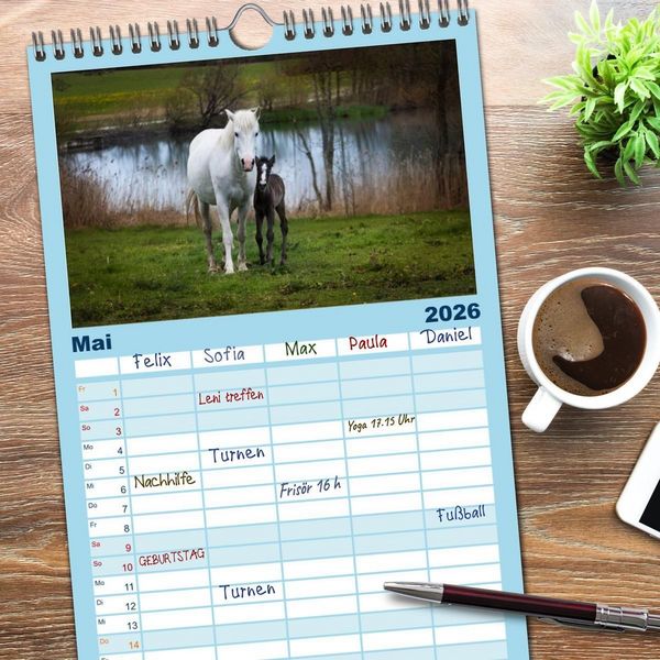 Produktbild: Familienplaner 2026 - Wei&szlig;e Pferde der Camargue in Bayern mit 5 Spalten (Wandkalender, 21 x 45 cm) CALVENDO