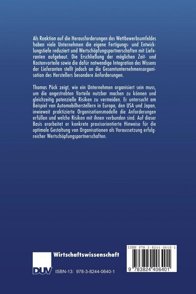 Produktbild: Organisatorische Voraussetzungen erfolgreicher Wertsch&ouml;pfungspartnerschaften