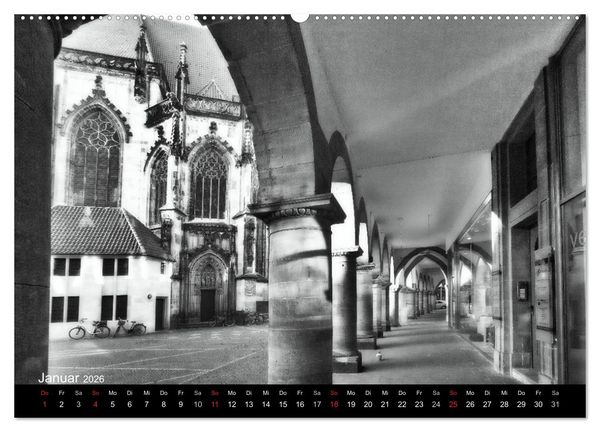 Produktbild: M&uuml;nster in schwarz-wei&szlig; gesehen (hochwertiger Premium Wandkalender 2026 DIN A2 quer), Kunstdruck in Hochglanz