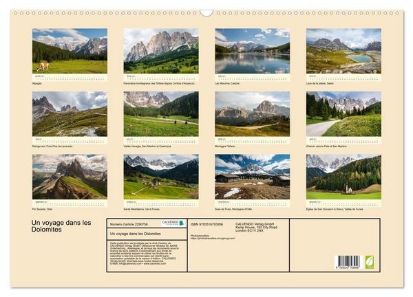 Produktbild: Un voyage dans les Dolomites (Calendrier mural 2027 DIN A2 vertical), CALVENDO calendrier mensuel