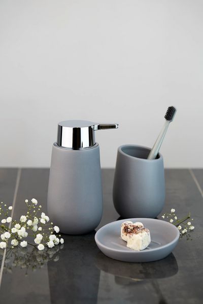 Produktbild: Waschtisch-Set Mod. Badi Grau, 2-tlg., 1 Zahnputzbecher, 1 Seifenspender