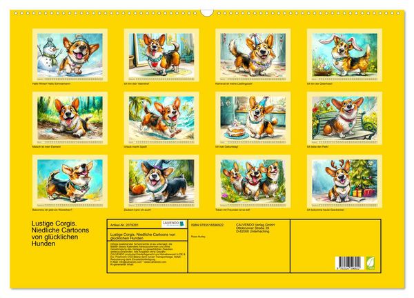 Produktbild: Lustige Corgis. Niedliche Cartoons von gl&uuml;cklichen Hunden (Wandkalender 2026 DIN A2 quer), CALVENDO Monatskalender