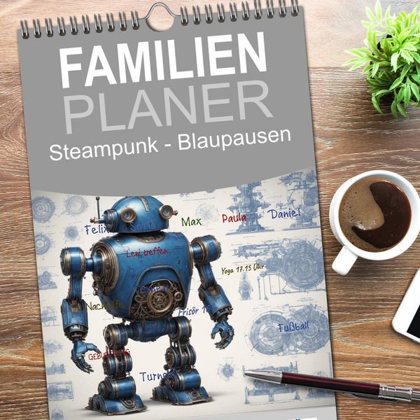 Produktbild: Familienplaner 2026 - Steampunk - Blaupausen mit 5 Spalten (Wandkalender, 21 x 45 cm) CALVENDO