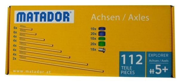 Produktbild: MATADOR 11220 - Explorer Achsen-Set, 112 Teile, Baukasten-Erweiterung, Holz, Konstruktionsbaukasten, ab 5 Jahren, Spielend lernen!