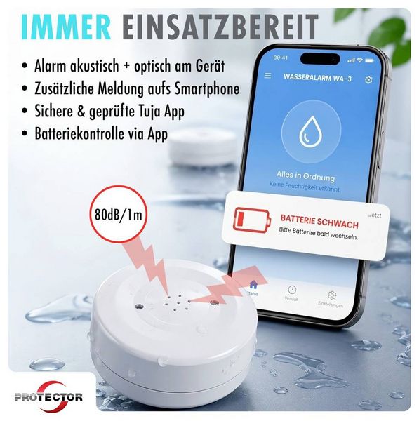 Produktbild: Protector 15045 WA-3 Wassermelder mit WIFI-Alarmweiterleitung mit App-Steuerung batteriebetrieben