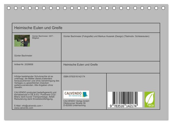 Produktbild: Heimische Eulen und Greife (Tischkalender 2026 DIN A5 quer), CALVENDO Monatskalender