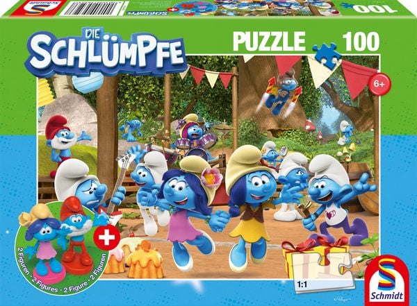 Produktbild: Verschlumpfte Party, 100 Teile, mit Add-on (2 Figuren)