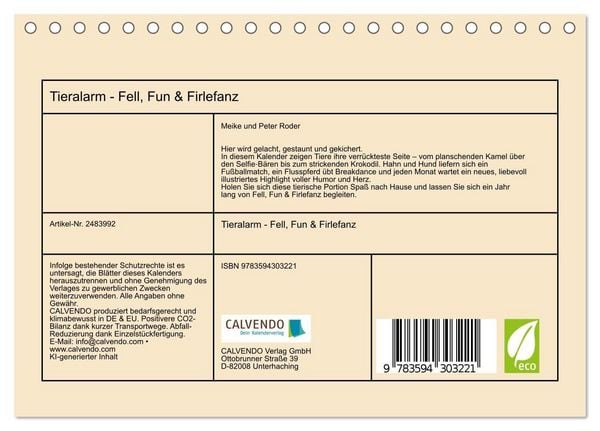 Produktbild: Tieralarm - Fell, Fun & Firlefanz (Tischkalender 2027 DIN A5 quer), CALVENDO Monatskalender
