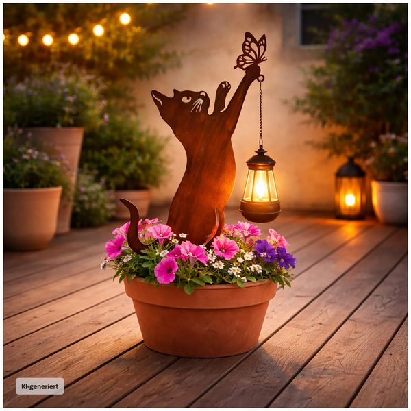 Produktbild: HTI-Living Gartenstecker Katze mit Lampe Metall Rostoptik Gartendeko mit Laterne