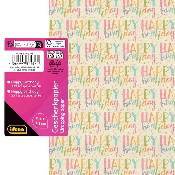 Produktbild: Idena Geschenkpapier Happy Birthday 70cmx2m Gras/Recycling