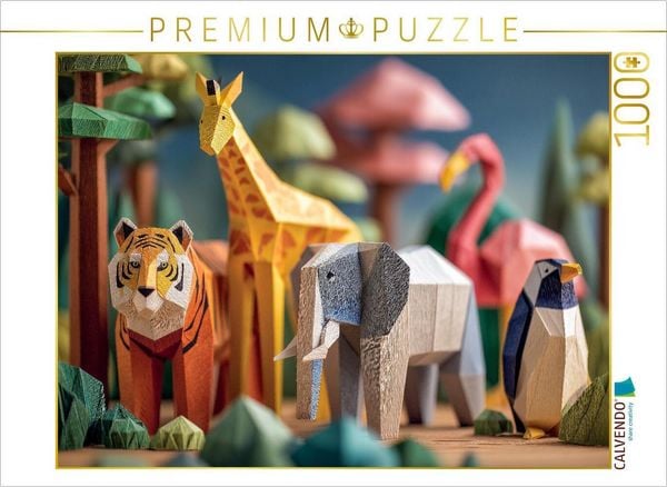 CALVENDO Puzzle Origami Zoo mit Tiger, Giraffe, Elefant und Flamingo | 1000 Teile Lege-Größe 64x48cm Foto-Puzzle für glückliche Stunden
