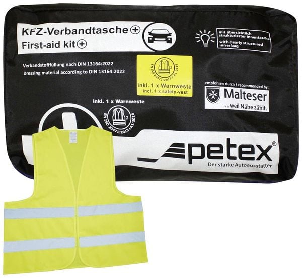 Produktbild: Petex 43939704 Plus schwarz DIN 13164:2022 inkl. Warnweste gelb EN 20471 Verbandtasche Inkl. Warnweste Pkw, Wohnmobile, Van, SUV 1 St.