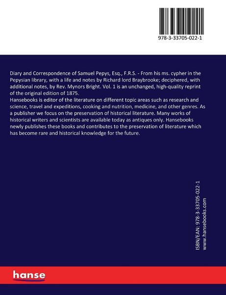 Produktbild: Diary and Correspondence of Samuel Pepys, Esq., F.R.S.