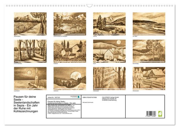 Produktbild: Pausen f&uuml;r deine Seele - Seelenlandschaften in Sepia - Ein Jahr der Ruhe mit Kohlezeichnungen (Wandkalender 2026 DIN A2 quer), CALVENDO Monatskalender