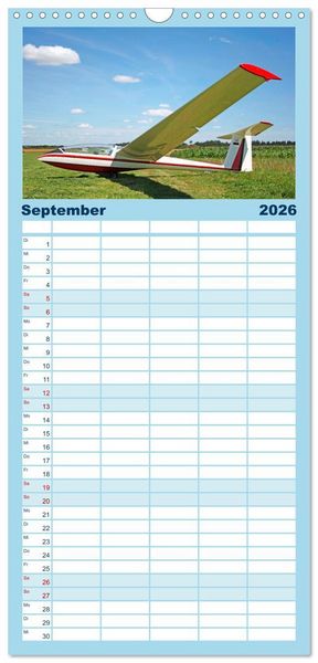 Produktbild: Familienplaner 2026 - Meister in der Schwebe: Segelflugzeuge mit 5 Spalten (Wandkalender, 21 x 45 cm) CALVENDO