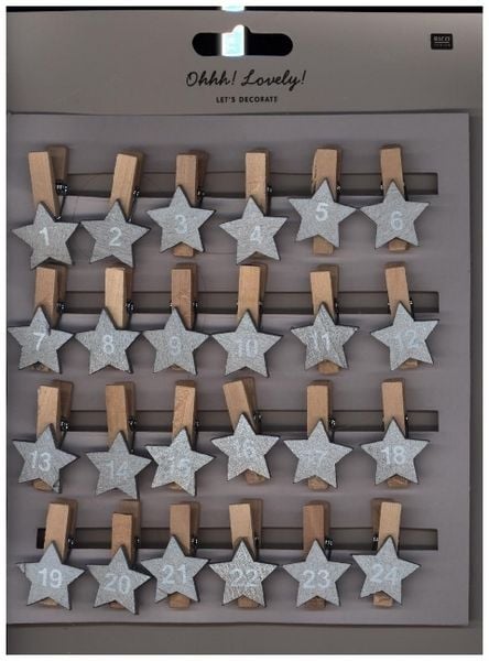 Produktbild: Adventskalender Clips mit Stern, Holz, silber