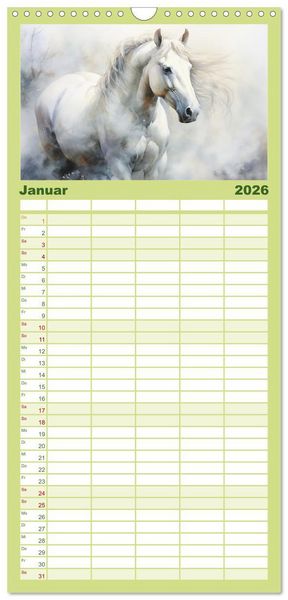 Produktbild: Familienplaner 2026 - Anmutige Schimmel. &Auml;sthetik Aquarell-Pferde mit 5 Spalten (Wandkalender, 21 x 45 cm) CALVENDO