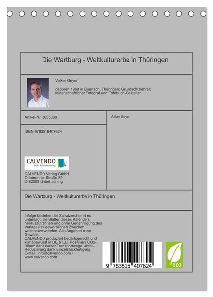 Produktbild: Die Wartburg - Weltkulturerbe in Th&uuml;ringen (Tischkalender 2026 DIN A5 hoch), CALVENDO Monatskalender