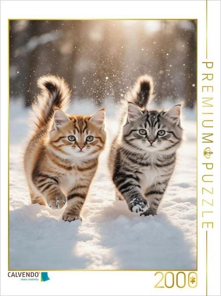 CALVENDO Puzzle Zwei Maine Coon Katzenbabys toben im Schnee und verzaubern mit ihrem neugierigen Blick. | 2000 Teile Lege-Größe 90x67cm Foto-Puzzle fü