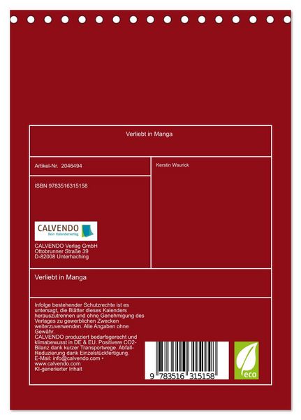 Produktbild: Verliebt in Manga (Tischkalender 2026 DIN A5 hoch), CALVENDO Monatskalender