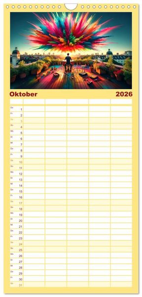 Produktbild: Familienplaner 2026 - Drummer - Color Splash Rhythms: Trommelschl&auml;ge und Farbexplosionen mit 5 Spalten (Wandkalender, 21 x 45 cm) CALVENDO