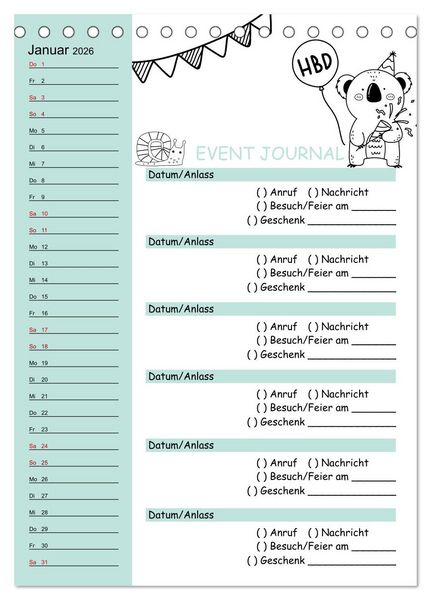 Produktbild: Geburtstagsplaner Doodle Tiere - F&uuml;r Termine, Geschenke, Eventdetails & mehr (Tischkalender 2026 DIN A5 hoch), CALVENDO Monatskalender