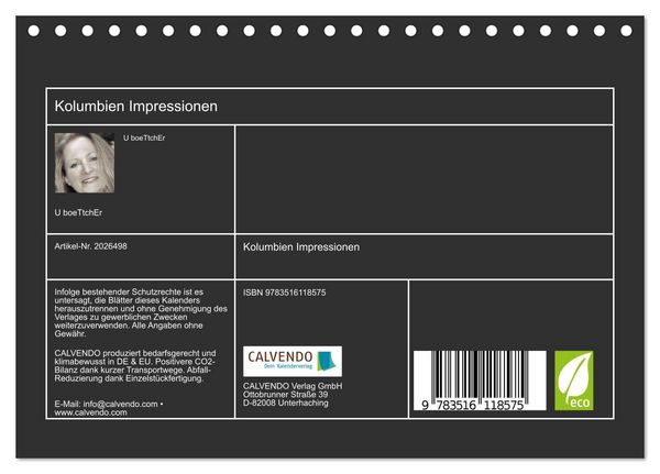 Produktbild: Kolumbien Impressionen (Tischkalender 2026 DIN A5 quer), CALVENDO Monatskalender