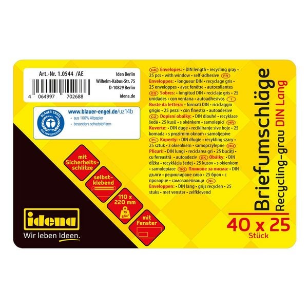 Produktbild: Idena Briefumschl&auml;ge 75g/m&sup2; selbstklebend mit Fenster grau DIN lang 25 St&uuml;ck recycelt
