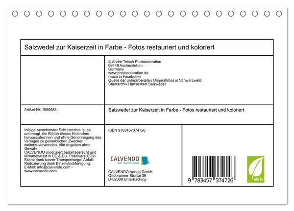 Produktbild: Salzwedel zur Kaiserzeit in Farbe - Fotos restauriert und koloriert (Tischkalender 2026 DIN A5 quer), CALVENDO Monatskalender