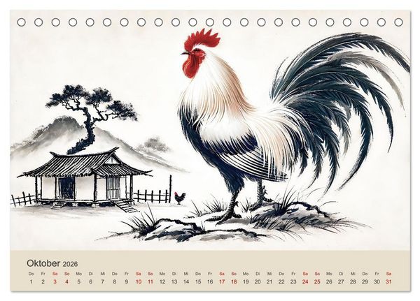 Produktbild: Chinesische Tierkreiszeichen - Kunstvolle KI-Tuschemalerei des Ostens (Tischkalender 2026 DIN A5 quer), CALVENDO Monatskalender