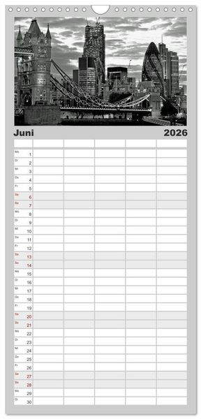 Produktbild: Familienplaner 2026 - London in Schwarz-Wei&szlig; mit 5 Spalten (Wandkalender, 21 x 45 cm) CALVENDO
