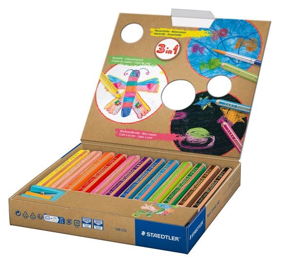 Produktbild: STAEDTLER Noris junior 140 Kindermalstift 3 in 1, Kartonetui mit 12 Malstiften in sortierten Farben und 1 Spitzer, 140 C12