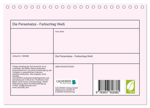 Produktbild: Die Perserkatze - Farbschlag Wei&szlig; (Tischkalender 2026 DIN A5 quer), CALVENDO Monatskalender