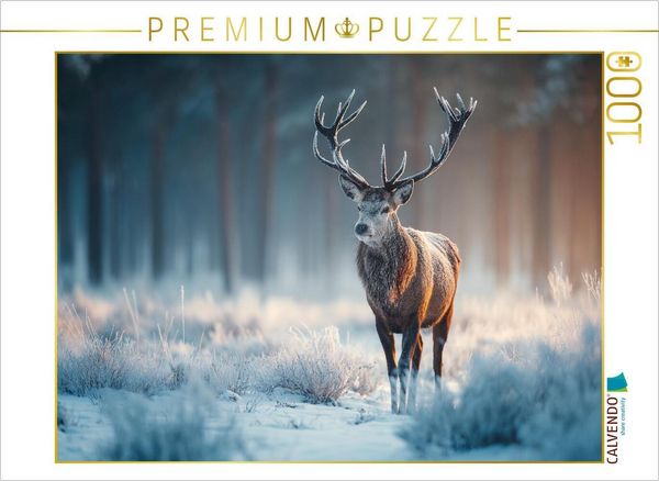 Produktbild: CALVENDO Puzzle Hirsch im Winterwald - Rotwild im frostigen Morgenlicht | 1000 Teile Lege-Gr&ouml;&szlig;e 64x48cm Foto-Puzzle f&uuml;r gl&uuml;ckliche Stunden