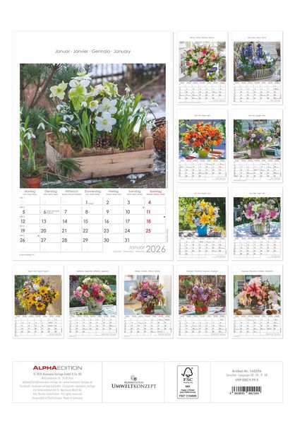 Blumen 2026 - Bildkalender 23,7x34 cm - Kalender mit Platz für Notizen - mit vielen Zusatzinformationen - Wandkalender - Blumenkalender