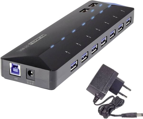 Produktbild: Renkforce RF-3806034 USB-Hub 7 Port USB-A USB 3.0 5 GBit/s mit Schnellladeport, mit Status-LEDs Schwarz
