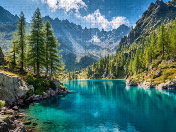 Produktbild: CALVENDO Puzzle Zwischen t&uuml;rkisblauem Wasser und gr&uuml;ne W&auml;lder erwacht die Seele der Alpen neu | 2000 Teile Lege-Gr&ouml;&szlig;e 90x67cm Foto-Puzzle f&uuml;r gl&uuml;ckliche Stunden