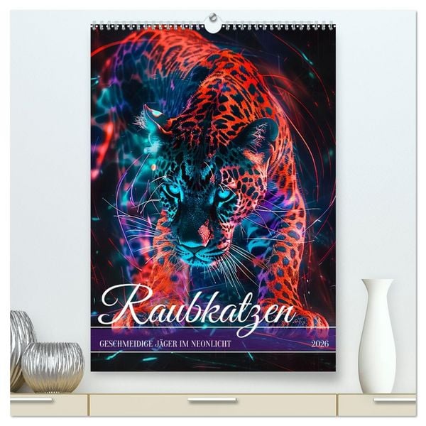 Raubkatzen - Geschmeidige Jäger im Neonlicht (hochwertiger Premium Wandkalender 2026 DIN A2 hoch), Kunstdruck in Hochglanz