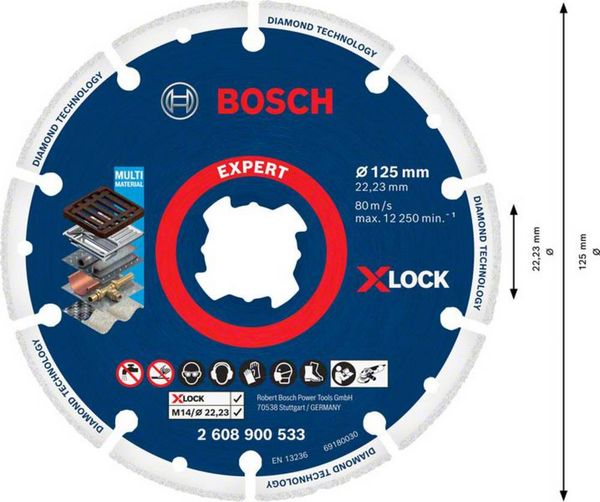 Produktbild: Bosch Accessories 2608900533 X-LOCK Diamanttrennscheibe Durchmesser 125 cm Bohrungs-&Oslash; 22.23 mm Metall 1 St.