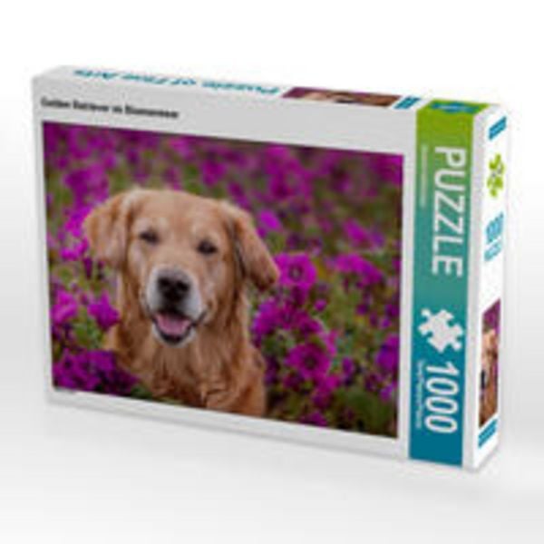 CALVENDO Puzzle Golden Retriever im Blumenmeer | 1000 Teile Lege-Größe 64x48cm Foto-Puzzle für glückliche Stunden