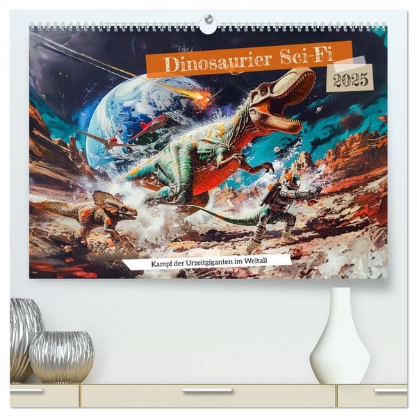 Dinosaurier Sci-Fi - Kampf der Urzeitgiganten im Weltall (hochwertiger Premium Wandkalender 2025 DIN A2 quer), Kunstdruc