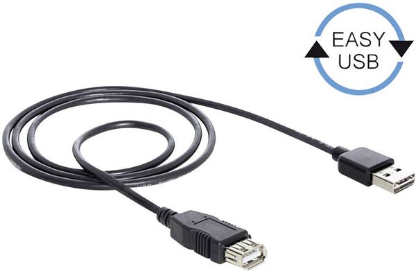 Produktbild: Delock USB-Kabel USB 2.0 USB-A Stecker, USB-A Buchse 1.00 m Schwarz beidseitig verwendbarer Stecker, vergoldete Steckkontakte, UL-zertifiziert 83370