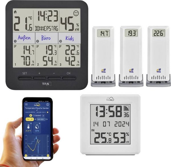 Produktbild: TFA Dostmann TFA.me Starter Set mit WLAN Gateway und KLIMA@HOME 2 Funk-Thermo-/Hygrometer Schwarz, Wei&szlig; 35.8109.02