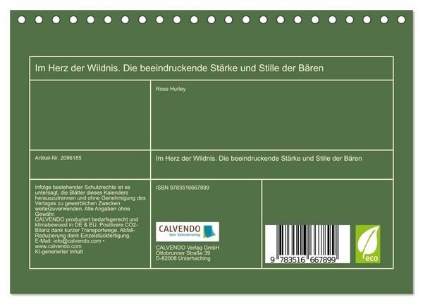 Produktbild: Im Herz der Wildnis. Die beeindruckende St&auml;rke und Stille der B&auml;ren (Tischkalender 2026 DIN A5 quer), CALVENDO Monatskalender