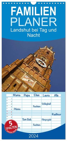 Produktbild: Familienplaner 2026 - Landshut bei Tag und Nacht mit 5 Spalten (Wandkalender, 21 x 45 cm) CALVENDO