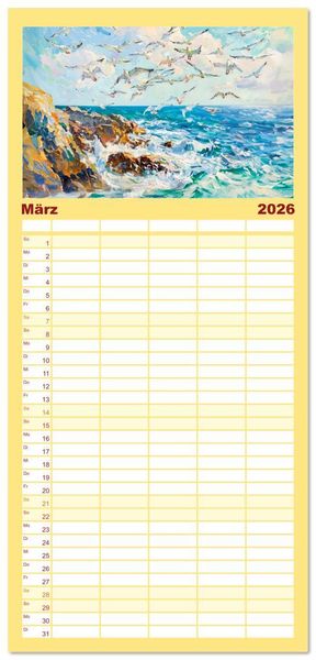 Produktbild: Familienplaner 2026 - Ein Tag am Meer - Durch die Augen der Impressionisten mit 5 Spalten (Wandkalender, 21 x 45 cm) CALVENDO