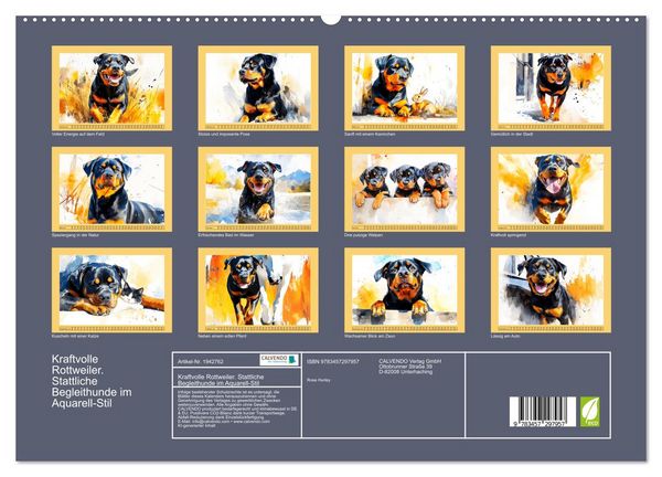 Produktbild: Kraftvolle Rottweiler. Stattliche Begleithunde im Aquarell-Stil (hochwertiger Premium Wandkalender 2026 DIN A2 quer), Kunstdruck in Hochglanz